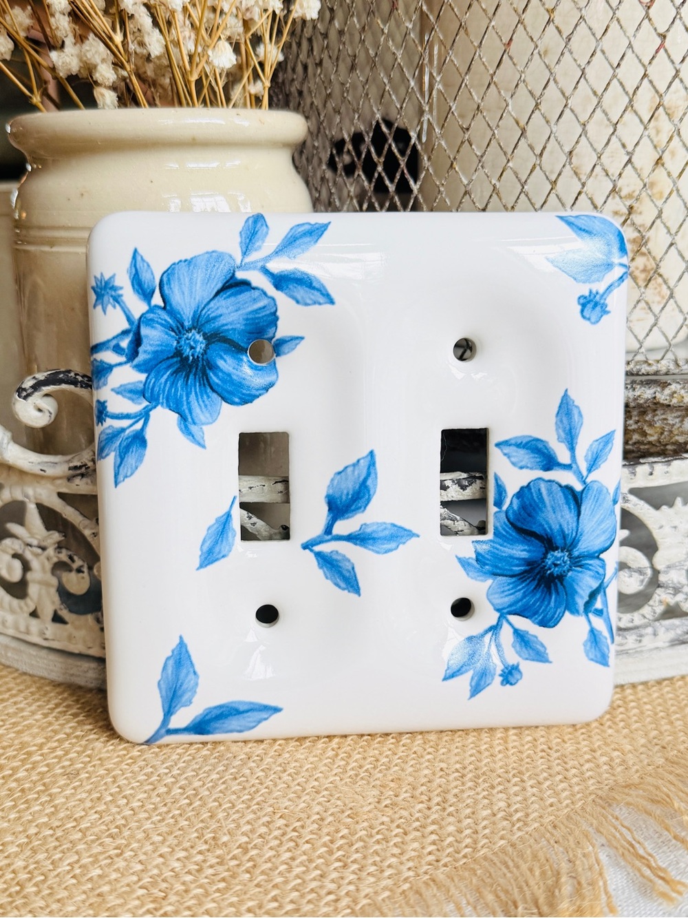 Vintage Blue Floral Ceramic Double Toggle Light Switch Cover